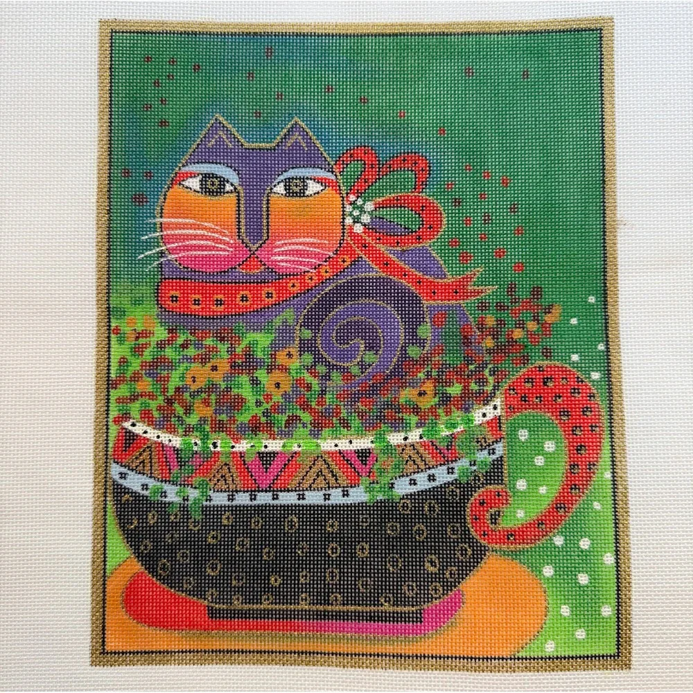 Vintage Laurel Burch Cup of Good Cheer Cat Danji Hand Painted Needlepoint Canvas